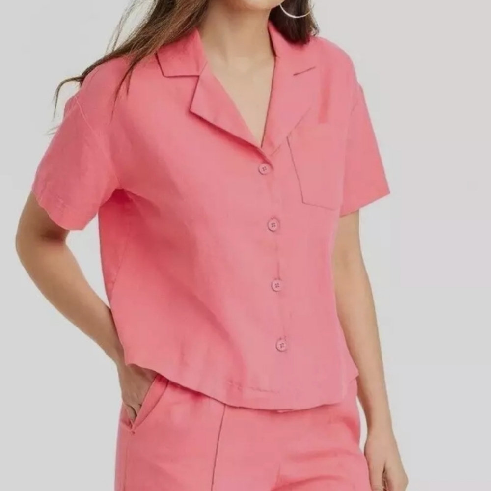 A New Day Pink Linen Blend Short Sleeve Button Top Brand New With Tags